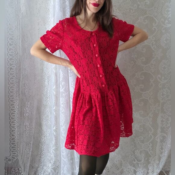 Vintage Dresses & Skirts - Vintage 90s Lace Dress Diana Marco Red Button Front